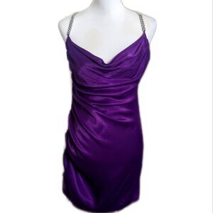 Zara purple draped satin ruched bodycon dress, drawstring side, metal straps L